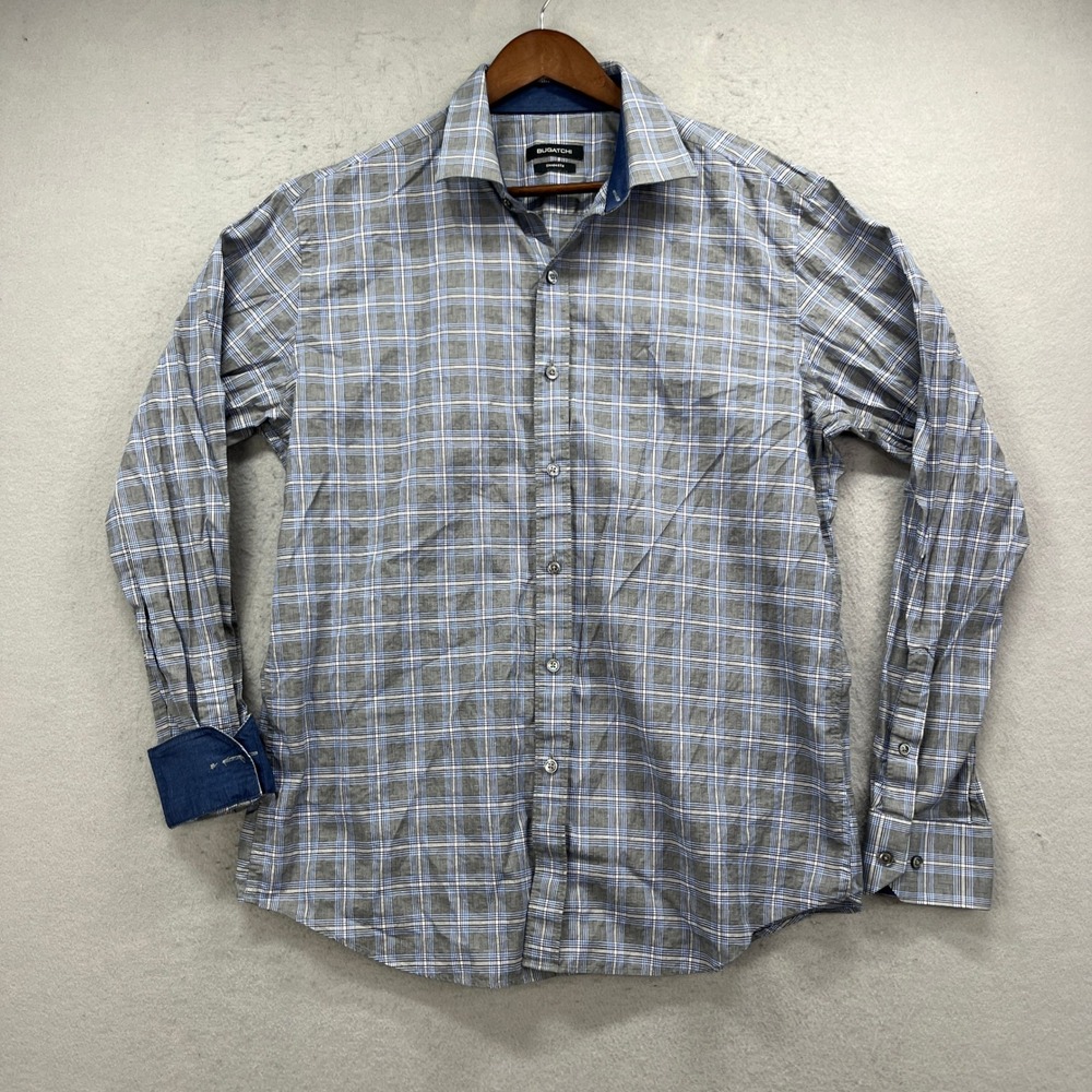 Bugatchi Button Up Shirt Men M Blue Plaid Shaped Fit Long Sleeve Oxford Casual